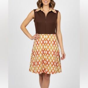 Vintage 60s 70s Union Made Diamond Pattern Dress Sleeveless Brown Orange